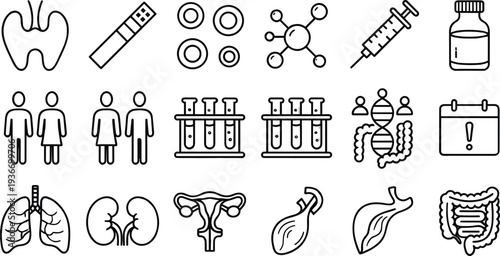 Medical Healthcare Icons Set, Human Organs, DNA, Laboratory Equipment, Line Style, vector illustration