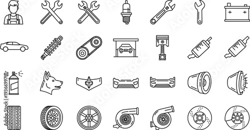 Automotive repair and car service line icon set with tools, engine parts, wheels, battery, suspension, and vehicle maintenance vector illustration