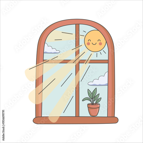 Cozy cute morning window with smiling sun, rays and houseplant on windowsill. Suitable for home decor, hygge lifestyle themes, greeting cards, planners and social media content. Vector illustration.