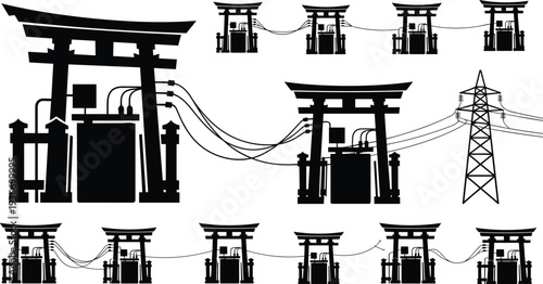 Electric power substation and transmission tower silhouette collection, transformer units with utility lines, industrial electricity infrastructure vector isolated on white background