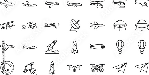 Aircraft and space transport icon set vector illustration airplanes helicopter rocket satellite drone and aviation line icons