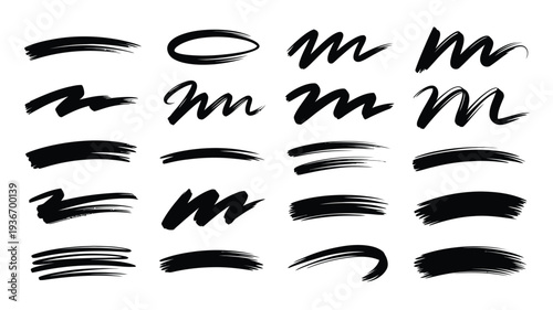 Brush strokes vector illustration with various black ink lines and swirls