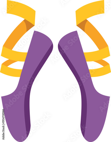 Ballet pointe shoes in purple with yellow ribbons, an icon for dance concepts