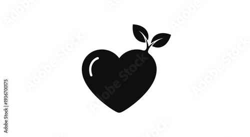 Solid black heart with two leaves icon representing organic love and wellness on isolated white background