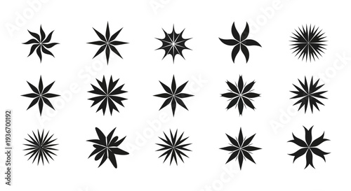Diverse Black Starburst and Radiating Shapes Collection, Abstract Burst Elements on Isolated White Background