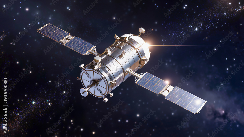 Naklejka premium Space satellite with deployed solar panels against starry background. Suitable for banner, scientific article, educational website or materials about space missions. 