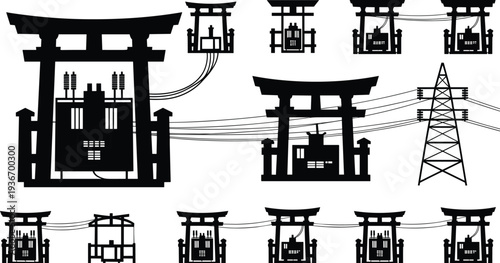 Electric power substation silhouette set with transformer, transmission tower and utility lines, industrial energy infrastructure vector illustration isolated on white background