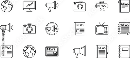 News Media And Broadcasting Line Icons Set, Journalism And Global Communication Symbols Collection, vector illustration
