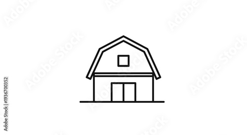 Minimalist outline icon of a simple barn house with a single window, rural building illustration, isolated white background.