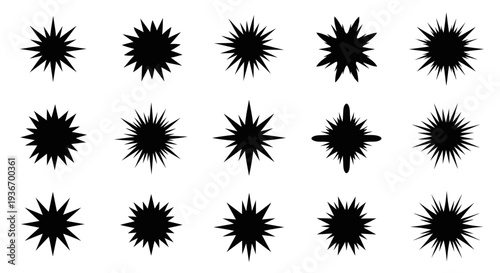 Large collection of twenty distinct starburst and sparkle shape icons, diverse ornamental elements, isolated white background.