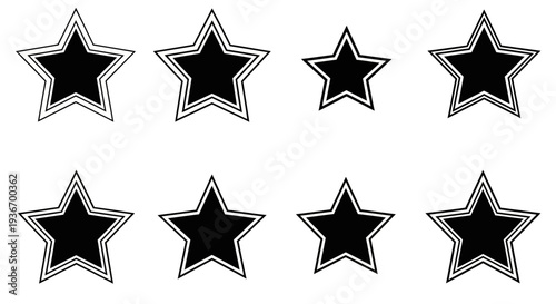 Set of eight black filled star shape icons with outlines, representing favorites or ratings, isolated white background.