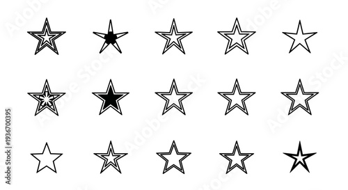 Collection of Outline and Filled Star Shapes, Diverse Decorative Elements, Isolated White Background