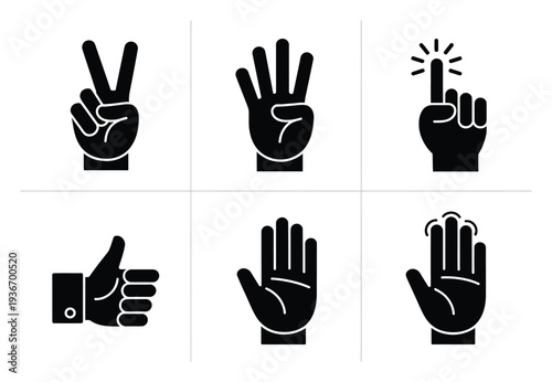 Collection of Six Black Hand Gesture on White Background