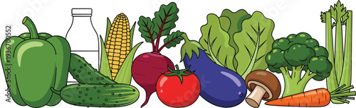 Fresh vegetables and milk bottle vector illustration healthy food ingredients set with tomato eggplant broccoli carrot corn cucumber lettuce