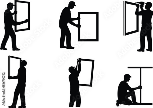 Handyman installing window frame silhouette set, carpenter with drill tool, home renovation and construction worker vector isolated on white background
