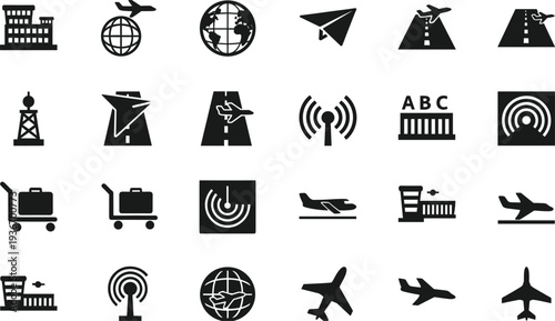 Airport travel and aviation silhouette icon set airplane runway radar globe terminal vector symbols collection pack