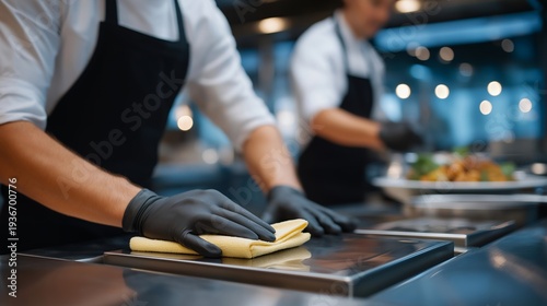 Wallpaper Mural Professional kitchen deep cleaning team scrubbing commercial cooking equipment and stainless steel surfaces, ideal for restaurant hygiene, commercial kitchen sanitation, food safety cleaning, Torontodigital.ca