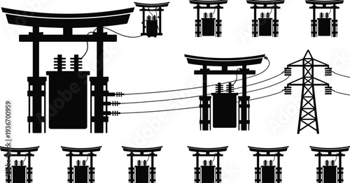 High voltage electric power substation silhouette set with transformer and transmission tower, industrial electricity infrastructure vector isolated on white background