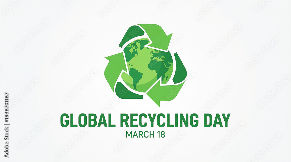 Fototapeta premium Global recycling day logo featuring earth with recycling symbol on March 18, promoting environmental sustainability and eco-friendly practices worldwide