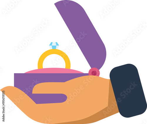 Hand presenting an open box with a gold diamond ring inside