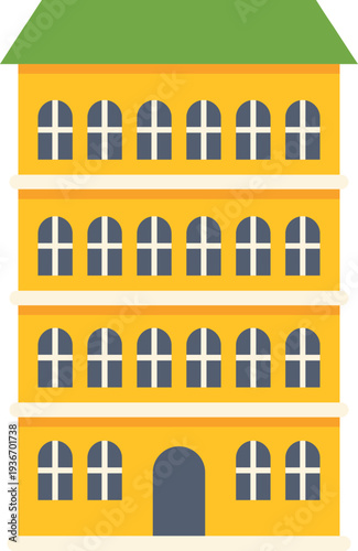 Multistory building with yellow facade and green roof depicting urban living spaces