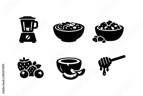 Healthy smoothie ingredients and preparation icons for a nutritious breakfast