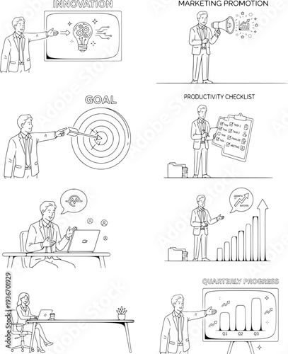 Business Outline Illustration Set of 8 Minimal Corporate Concept Scenes