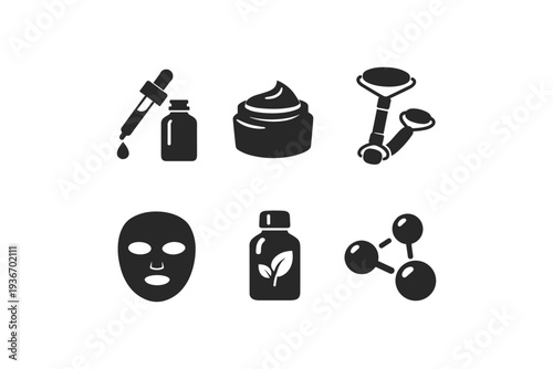 Collection of skincare and beauty treatment icons including serum, cream, roller, mask, and molecules