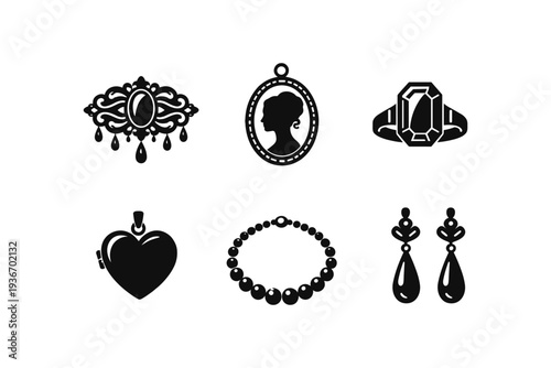 Collection of elegant vintage jewelry icons including a brooch, locket, ring, and earrings