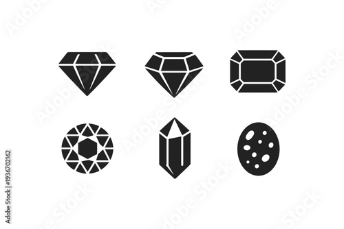 Collection of six different gemstone icons and cuts on a white background