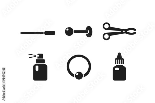 Body piercing tools and jewelry icons: needle, barbell, clamp, spray, ring, and drops