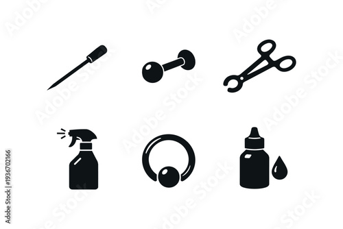 Collection of black icons representing body piercing tools and supplies