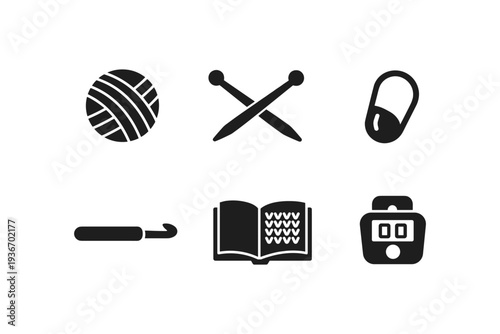 Collection of crafting and hobby icons including yarn, needles, crochet hook, book, and timer