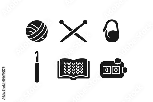 Collection of knitting and crochet icons including yarn, needles, hook, book, and counter