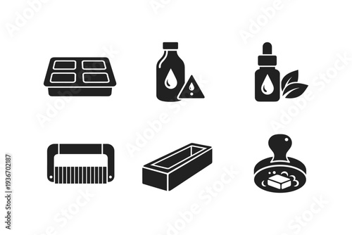 Collection of black icons representing soap making tools and ingredients