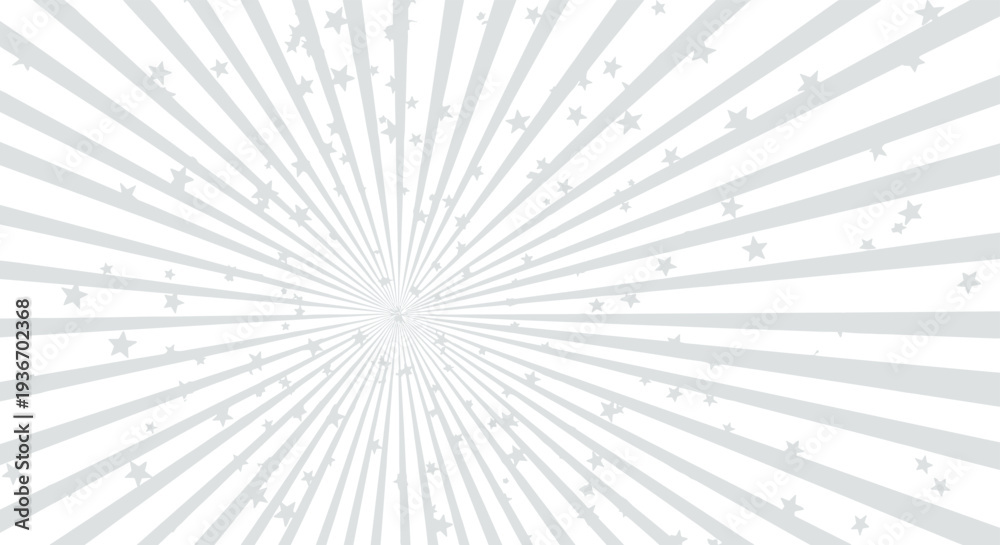 Obraz premium Dynamic starburst background featuring light gray rays extending from the center with scattered small stars for a festive atmosphere.