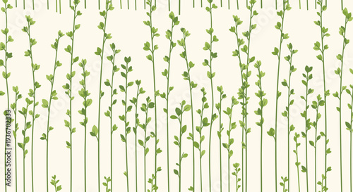 Vertical green plant stems with small leaves create a natural and refreshing pattern suitable for spring or environmental backgrounds.