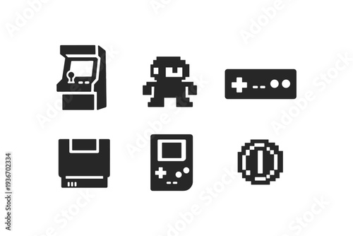 Retro pixel art icons representing classic video game elements and consoles