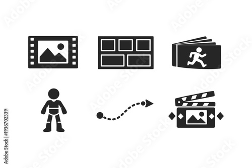 Collection of icons representing filmmaking, storyboarding, and animation concepts