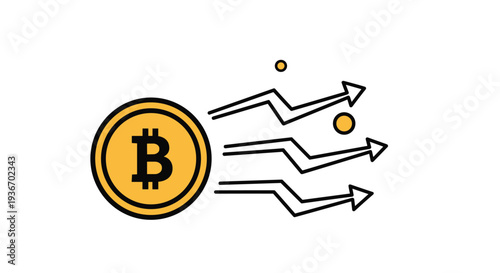 Gold bitcoin coin accompanied by rising zigzag arrows indicating financial growth and market trends in the cryptocurrency industry.