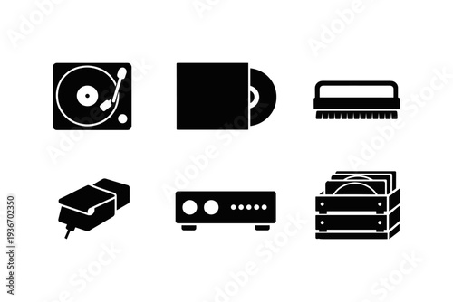Collection of vinyl record player accessories and audio equipment icons