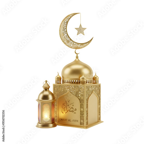 Beautiful Ramadan Kareem Decoration with Glowing Lanterns, Crescent Moon, and Prayer Beads on a Wooden Table for Islamic Holy Month Celebration