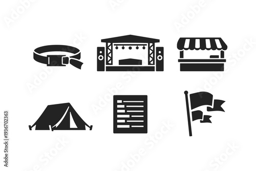 Collection of festival icons including wristband, stage, tent, and flag