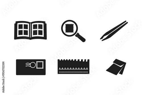 Collection of philatelic items and tools for stamp collecting hobby
