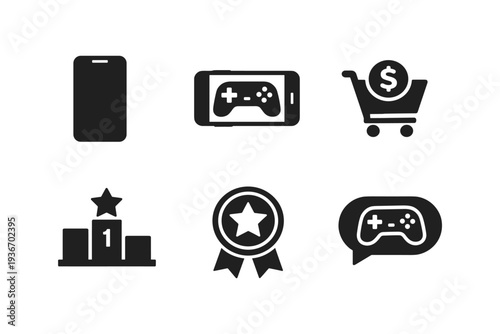 Set of six icons representing mobile gaming, shopping, and achievements