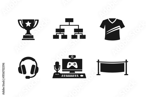 Collection of esports and gaming icons including trophy, headset, computer, and banner