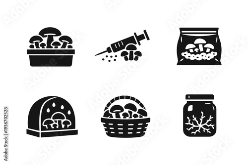 Illustration of mushroom cultivation tools and methods in black and white style