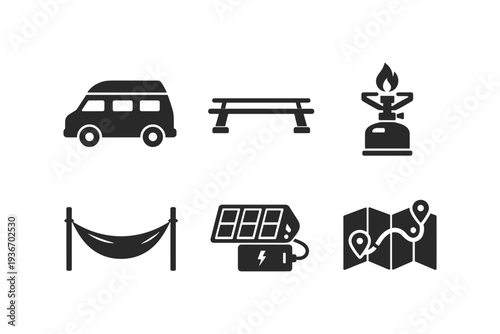 Collection of outdoor recreation and camping icons including a camper van, bench, stove, hammock, solar charger, and map