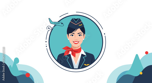 Portrait of a smiling flight attendant in uniform with a red scarf and hat inside a circular frame with a small airplane icon.