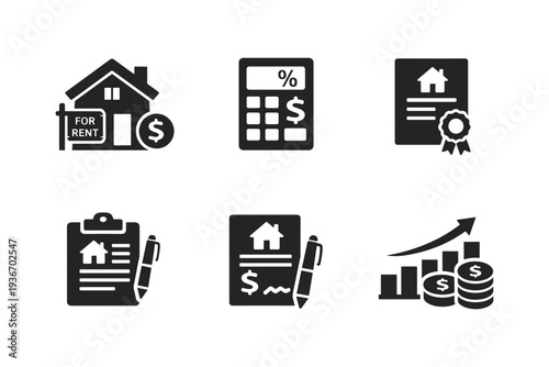 Real estate icons for buying, selling, renting, and financial management
